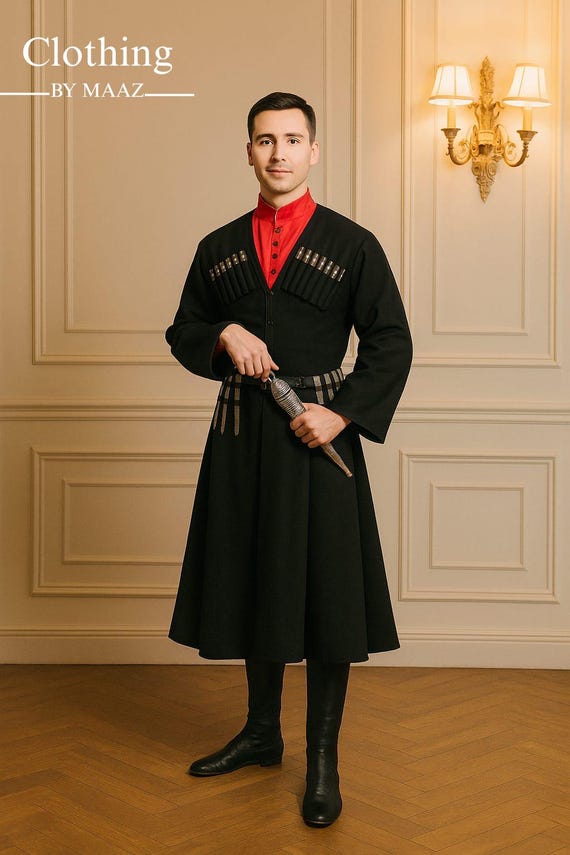 Men's Black Wool Cossack Coat: Traditional Caucasus Cherkeska
