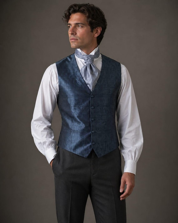 Men's Blue Jacquard Vest – Slim Fit Victorian Style Formal Waistcoat