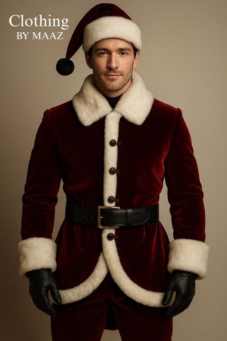 Luxury Velvet Santa Claus Costume for Men | Christmas Outfit with Faux Fur Trim, Belt & Gloves | Classic Father Christmas Suit