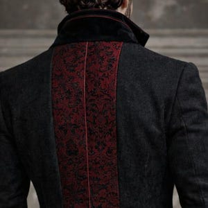 Men’s Gothic Black Victorian Coat – Steampunk Tailcoat Jacket with Red Brocade Vest – Vampire Wedding Long Blazer Costume