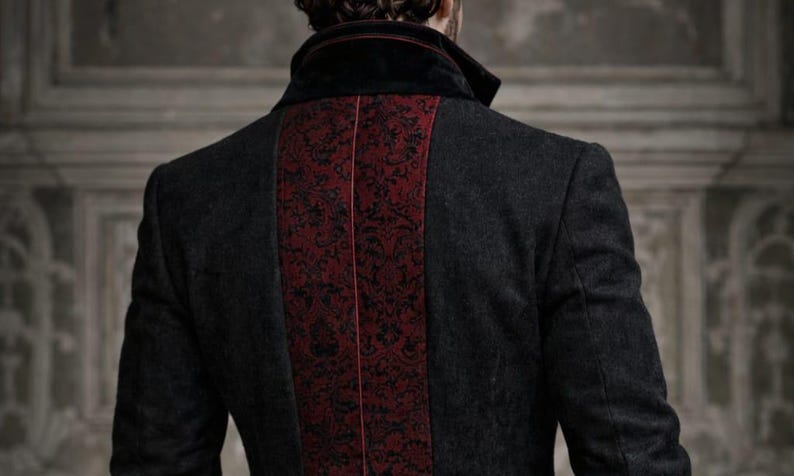 Men’s Gothic Black Victorian Coat – Steampunk Tailcoat Jacket with Red Brocade Vest – Vampire Wedding Long Blazer Costume
