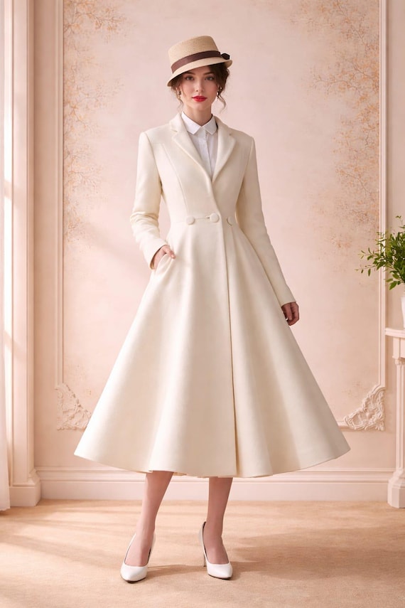 Ivory Wool A-Line Coat Dress – Vintage Flare Trench, Minimalist Bridal Formal Outfit