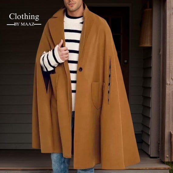 Handmade Wool Inverness Cape Coat: Long Brown Winter Outerwear