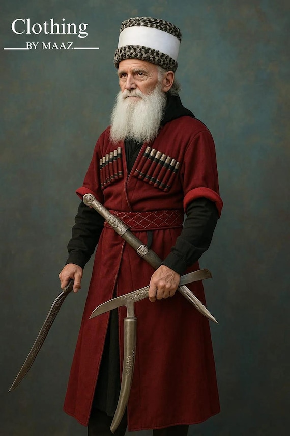 Men's Dark Red Wool Cossack Chokha Coat, Georgian Frock Coat