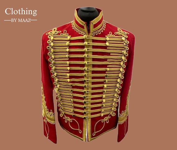 Men's Red Hussar Jacket: Military Style Gold Braiding