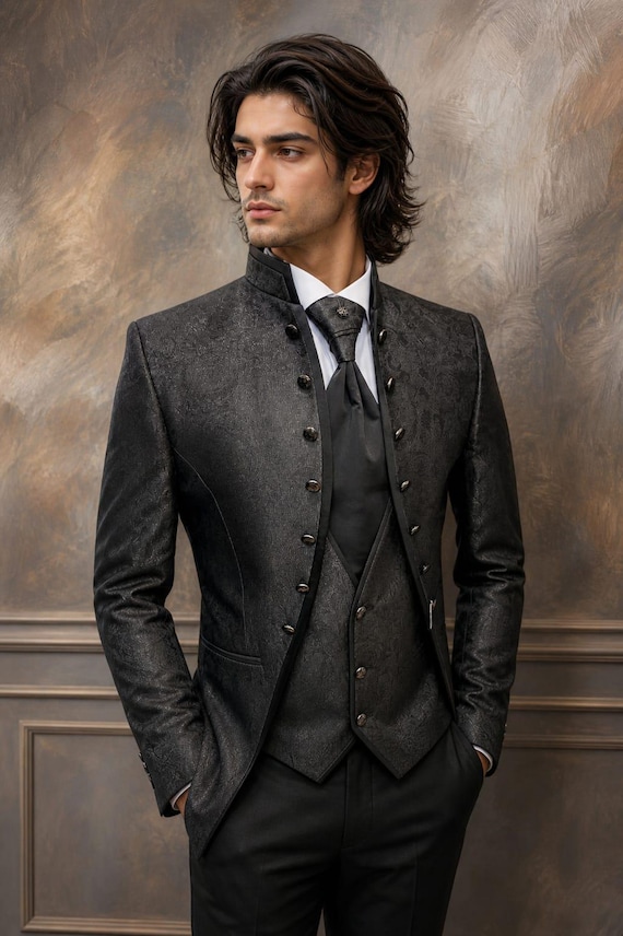 Black Victorian Gothic Jacquard Suit, Embroidered Formal Tailcoat Blazer, Steampunk Groom Wedding Outfit