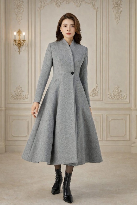 Elegant Gray Wool Coat Dress, Vintage Victorian Style Midi Frock Coat