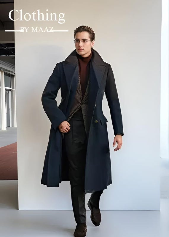 Handmade Men's Navy Wool Regency Overcoat | Historical Fashion