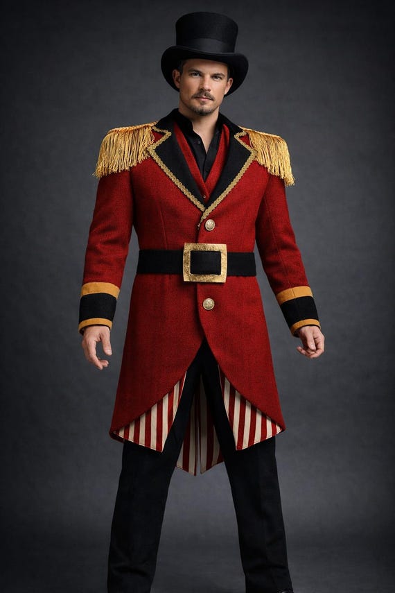 Victorian Ringmaster Red Tailcoat Wool Jacket ,  Steampunk Circus Coat with Epaulettes , Gothic Mens Costume