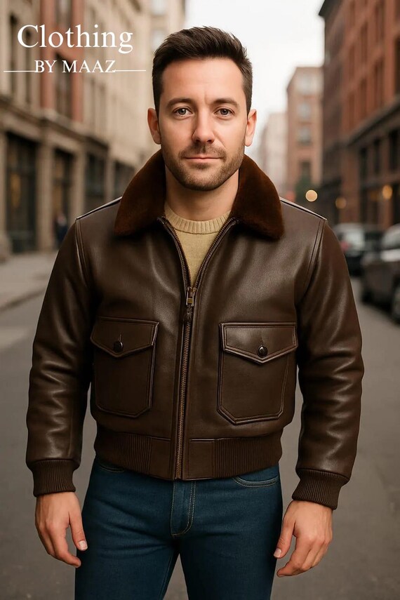 Handmade Brown Leather Bomber Jacket - Vintage Aviator Style