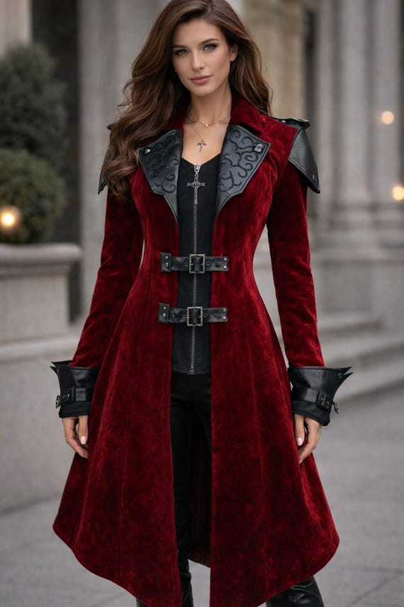 Gothic Red Velvet Coat – Victorian Steampunk Long Trench with Leather Details