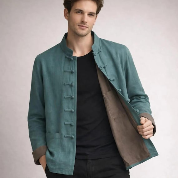 Teal Linen Mandarin Collar Jacket, Chinese Frog Button Coat, Vintage Asian Style Blazer