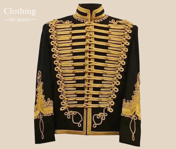 Men's Black Hussar Jacket: Gold Braided Military Style Tunic