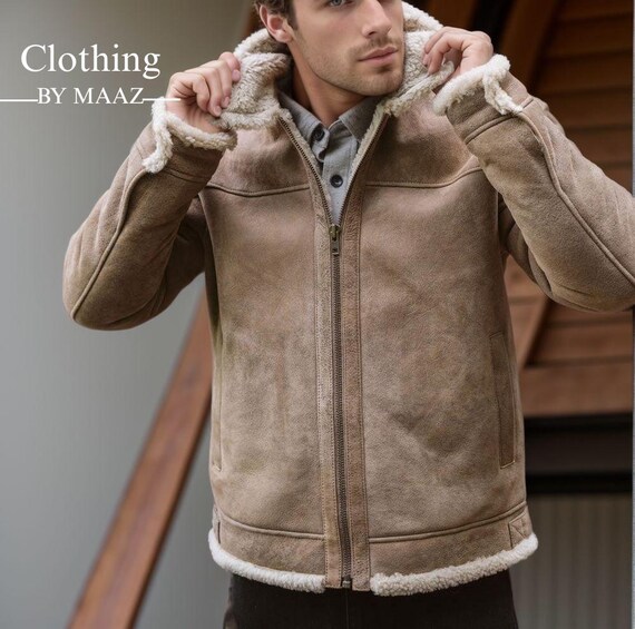 Handmade Shearling Leather Bomber Jacket: Sandstone Brown Military Style