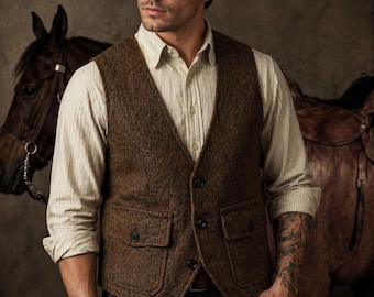 Chaleco de lana tweed marrón para hombre – Chaleco western vintage, estilo victoriano