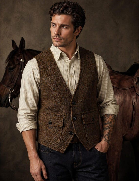Men's Brown Tweed Wool Waistcoat – Vintage Western Gilet, Victorian Style Vest