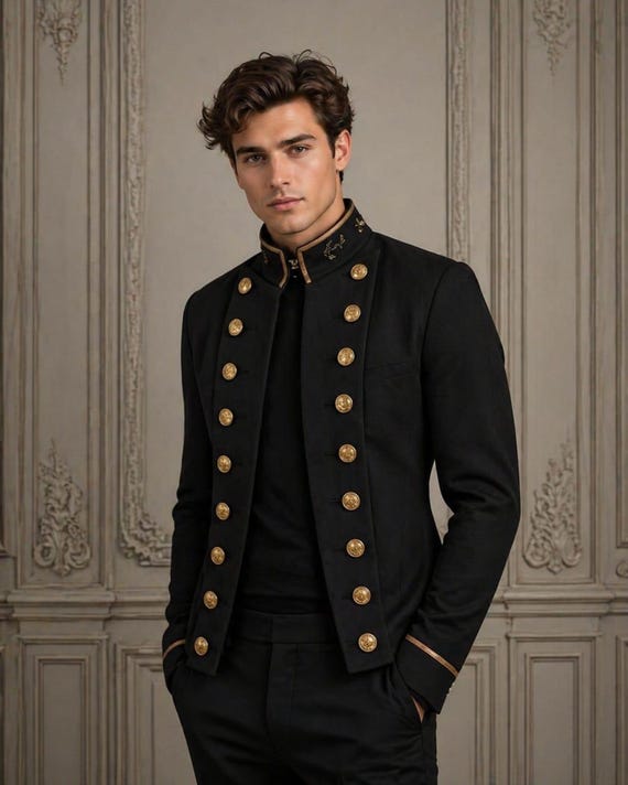 Men's Black Victorian Military Officer Jacket with Gold Buttons – Steampunk Gothic Formal Costume