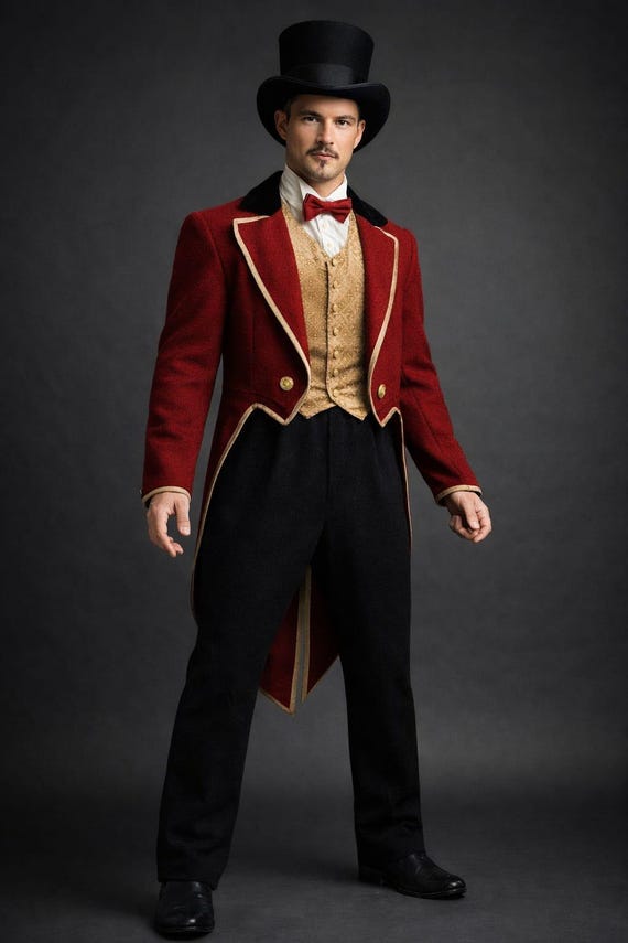Victorian Ringmaster Red Tailcoat Wool Jacket , Steampunk Circus Coat , Gothic Gentleman Formal Costume for Men
