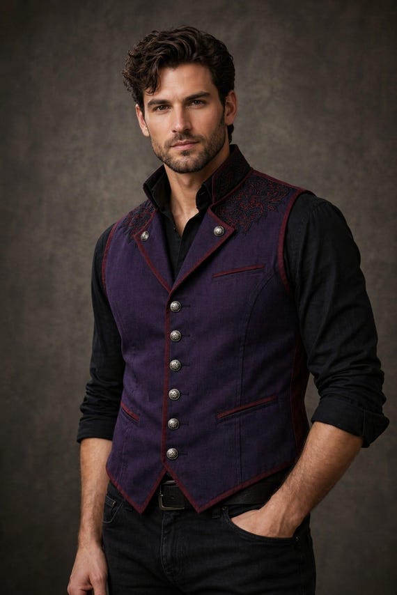 Men's Purple Embroidered Victorian Waistcoat, Gothic Steampunk Wedding Vest