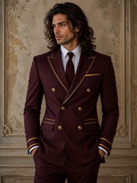 Burgundy Pinstripe Double Breasted Suit, Victorian Gold Trim Blazer, Slim Fit Formal Menswear