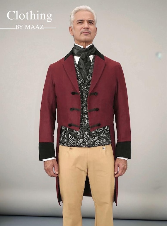 Handmade Men's Burgundy Regency Tailcoat: 18th Century Outfit