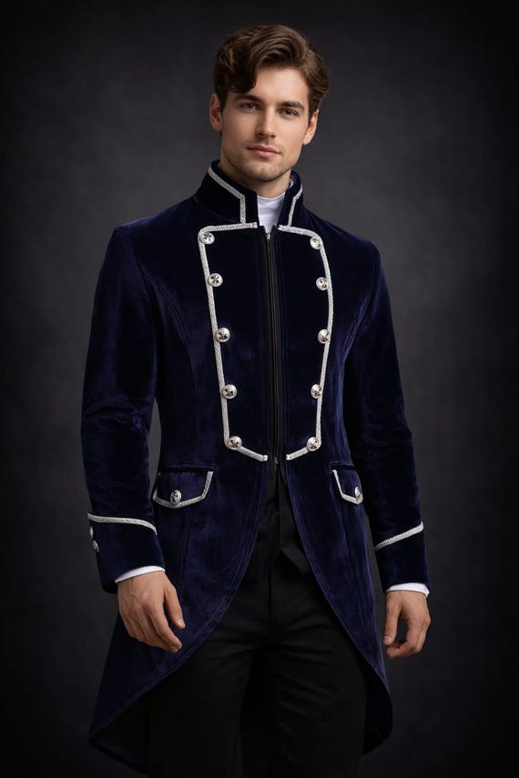 Men's Navy Blue Velvet Victorian Tailcoat – Military Style Gothic Jacket