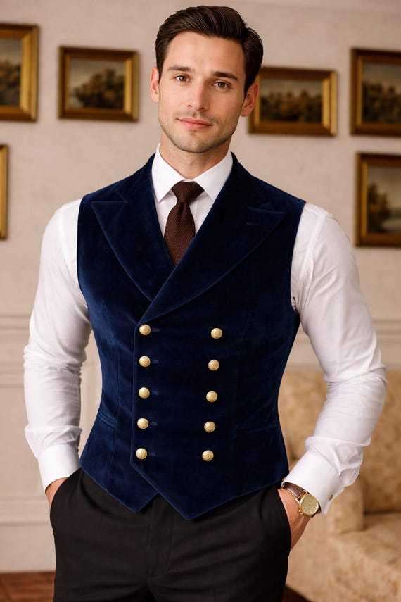 Navy Blue Velvet Double Breasted Victorian Waistcoat, Tailored Formal Evening Vest