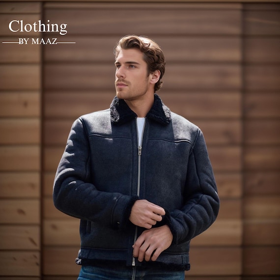 Handmade Shearling Leather Bomber Jacket: Men's Military Style Outerwear