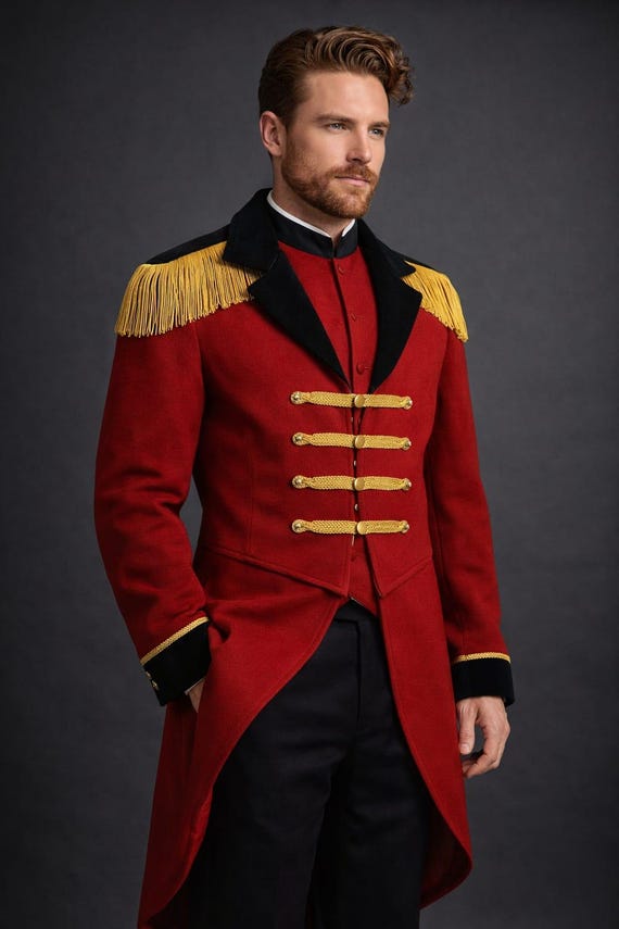 Victorian Military Red Tailcoat Jacket for Men , Royal Hussar Coat ,  Gothic Steampunk Formal Long Coat Costume