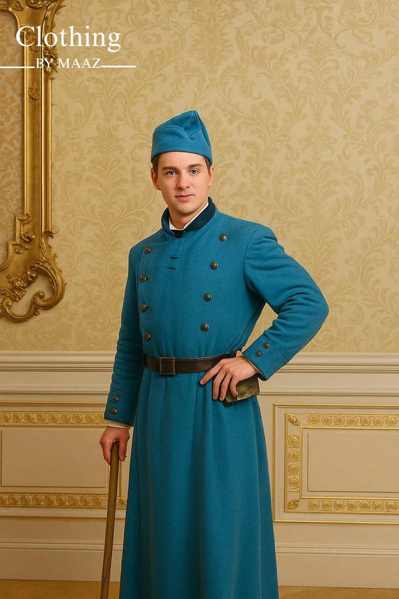 Men's Blue Wool Cossack Coat, Russian Military Style