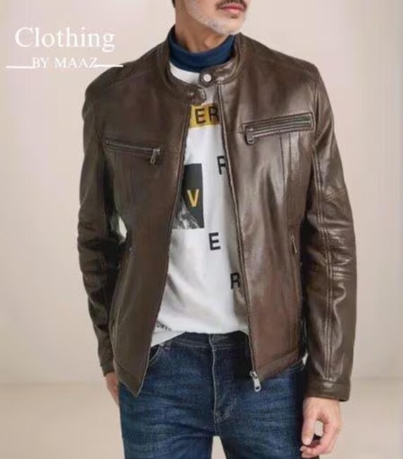 Handmade Brown Sheepskin Leather Biker Jacket: Men's Slim Fit
