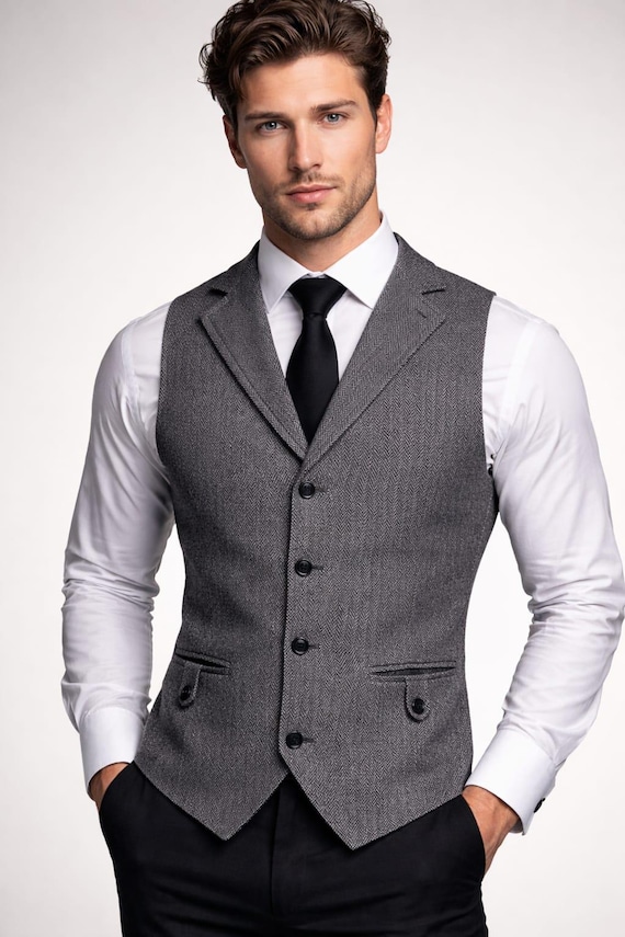 Men’s Grey Herringbone Tweed Waistcoat – Classic Formal Vest