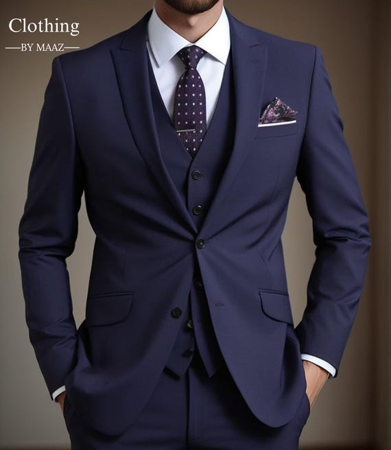 Men's Navy Blue 3-Piece Suit: Slim Fit Formal Wedding Attire