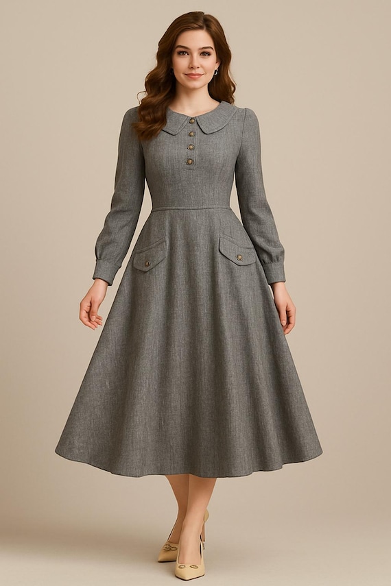 Victorian Wool Dress Coat for Women, Vintage Grey Long Sleeve Winter Dress, Edwardian A-Line Midi Coat Dress