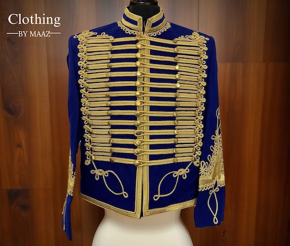 Men's Blue Hussar Jacket: Military Style Gold Braided Tunic