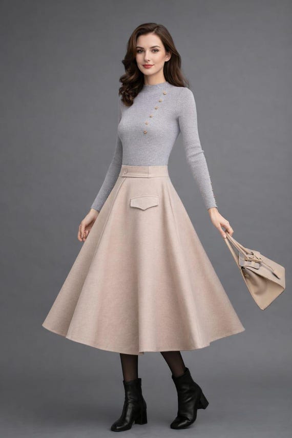 Wool Midi Skirt, Vintage Inspired A-Line, High Waist Retro Fashion