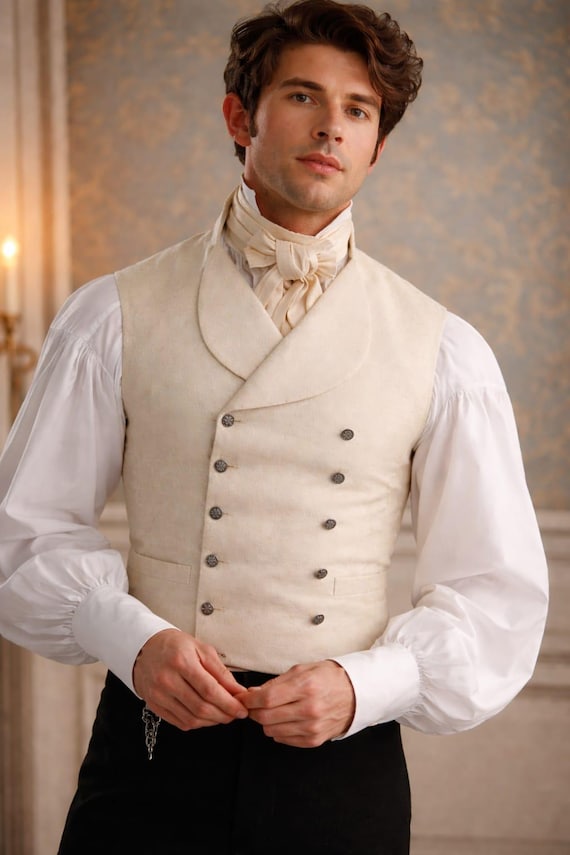 Men's Victorian Cream Double-Breasted Waistcoat – Regency Formal Gentleman Vest