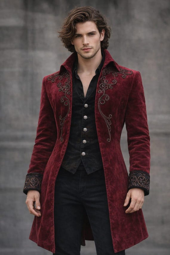 Men’s Burgundy Velvet Victorian Coat , Gothic Steampunk Long Tailcoat , Vintage Embroidered Wedding & Party Jacket