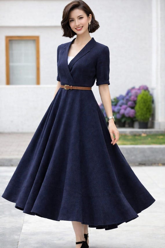 Navy Wool Midi Dress, Vintage Fit and Flare, Belted Winter Office Wear