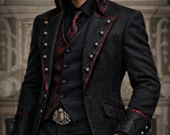 May include: Black patterned coat with red trim, silver buttons, and a matching vest. The outfit includes a black shirt and tie with a red floral design. A decorative belt completes the look, creating a gothic or Victorian aesthetic.