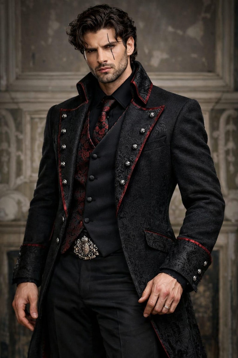 Men’s Gothic Black Victorian Coat – Steampunk Tailcoat Jacket with Red Brocade Vest – Vampire Wedding Long Blazer Costume