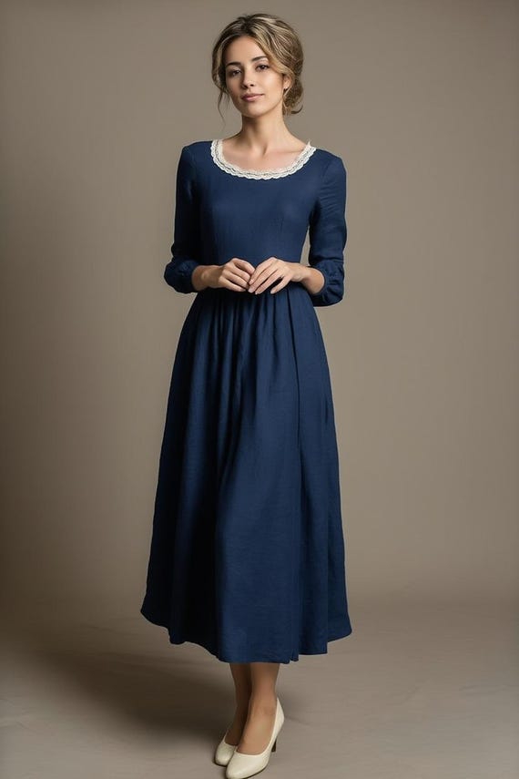 Edwardian Blue Linen Dress, Vintage Prairie Cottagecore Maxi Gown