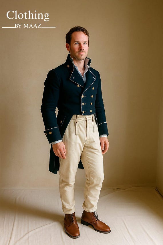 Handmade Men's Navy Blue Wool Regency Tailcoat - Historical Double Breasted Coat