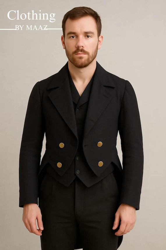 Handmade Black Wool Regency Tailcoat: 18th Century Victorian Menswear