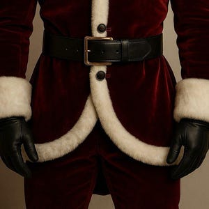 May include: A burgundy velvet Santa suit with white faux fur trim and cuffs. The suit features a black leather belt with a gold buckle and black leather gloves. A classic festive costume.
