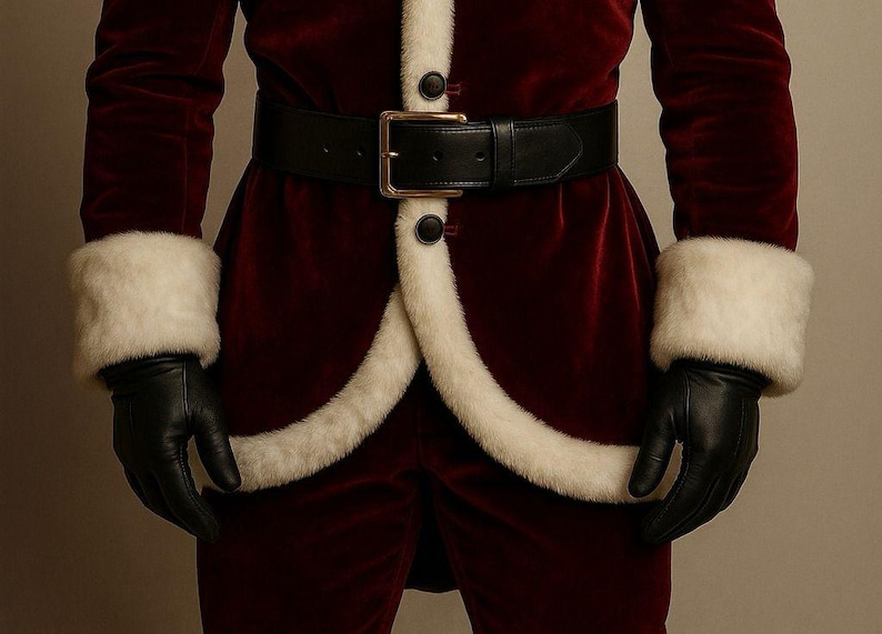 May include: A burgundy velvet Santa suit with white faux fur trim and cuffs. The suit features a black leather belt with a gold buckle and black leather gloves. A classic festive costume.