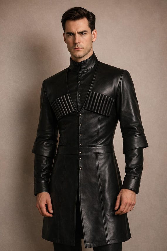 Men's Black Leather Long Coat, Gothic Military Trench, Steampunk Cyberpunk Jacket