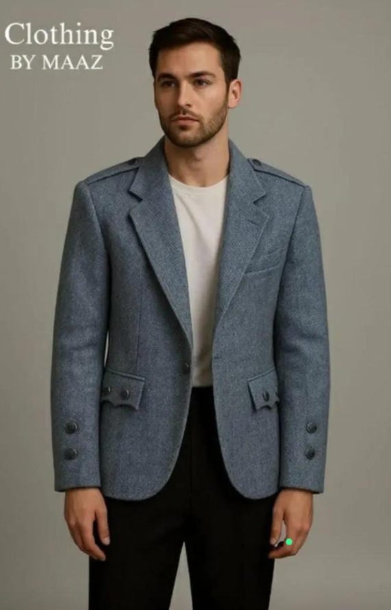 Men’s Blue Wool Blazer | Tailored Herringbone Jacket | Classic British Style Coat | Handmade Smart Casual Blazer | Vintage Look Suit Jacket