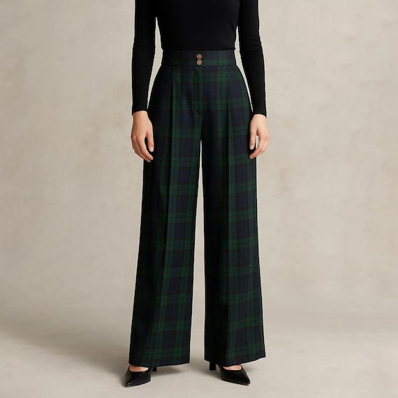 Black Watch Tartan Palazzo Pants - High Waist Wool Blend Trousers