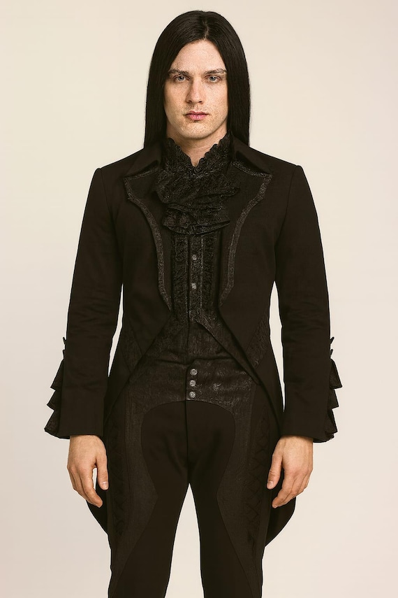Men’s Gothic Victorian Tailcoat ,Black Steampunk Costume Jacket & Pants , Vampire Ruffled Shirt Outfit , Halloween Gothic Suit , CBM